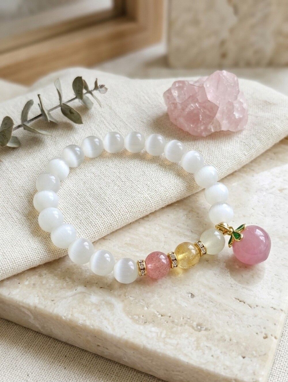 Cat's Eye Strawberry Quartz Citrine Bracelet Peach Charm Coquette Balletcore 6"